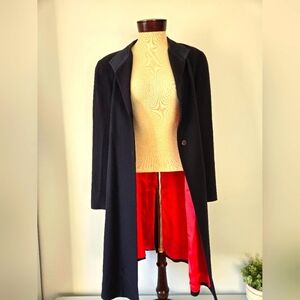 CARLA ZAMPATTI Virgin wool unbelted navy trench,bright orange lining.Size Large